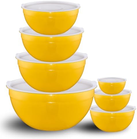 Yellow Mixing Bowls with Lids Set of 7, Stainless Steel Nesting Bowl with Khaki Lid for Non-slip Mixing Prepping Storing Serving, 7 Sizes-7/3.6/2.7/2.1/1.5/1/0.8 QT by LKTDYMEG