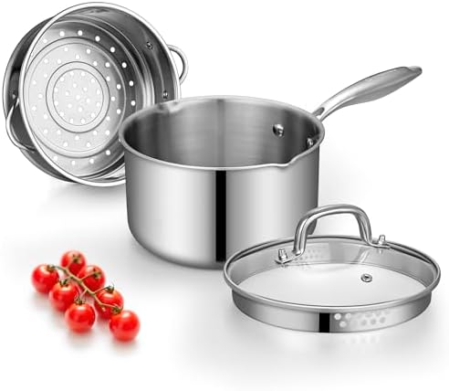 Tri-Ply Stainless Steel Pot with Steamer,3 QT Fullclad Sauce Pan with Steamer & Strainer Glass Lid for Cooking Vegetable,Small Induction Pot 3.5 QT with Stay-Cool Handle,100% Food-Grade,Built to Last by Cyrosa