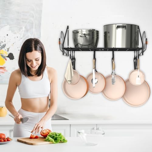 VyGrow 28 Inch Pot Rack Wall Mounted, Pots and Pans Organizer with 12 Hooks and 2 Pot Lid Holders, Heavy Duty Steel Pot and Pan Hanger for Kitchen Cookware Utensils Storage 34.7" Lx13 Wx12.6 H - Image 6