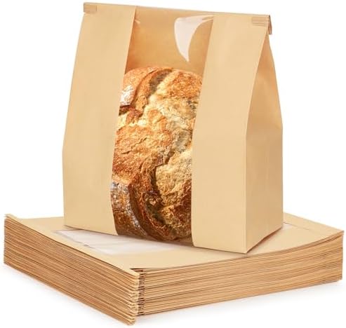 100 Pack Small Paper Bread Bags for Homemade Sourdough Bread, 7x3×11.5 Inches Resealable Tin Tie Tab Bakery Bags with Window for Half Loaves, Round Sourdough and Dozen Cookies by Foranda