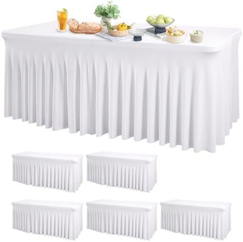 Wish Care 6 Pack White Spandex Table Clothes for 4 Foot Rectangle Tables, 4FT Wrinkle Free Fitted Tablecloths Ruffles Design Table Cover for Party, Banquet, Wedding and Events by WishCare