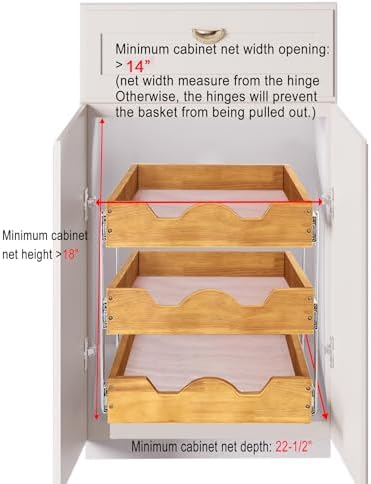 DINDON 3 Tier Pull Out Cabinet Organizer 14”W X21”D Slide Out Shelves With Shelf Liner for Kitchen Wood Roll Out Drawers Pantry Organization - Image 3