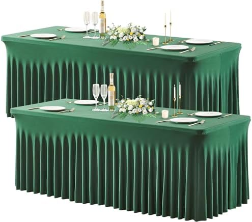 Wish Care 2 Pack Hunter Green Stretch Spandex Table Clothes for 8 Foot Rectangle Tables, 8FT Wrinkle Free Fitted Tablecloths Ruffles Design Table Cover for Party, Banquet, Wedding and Events by WishCare