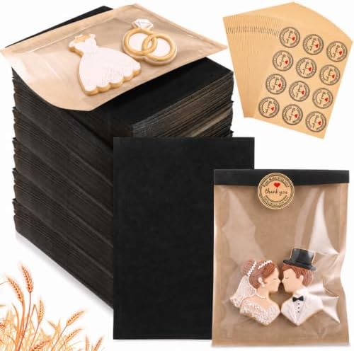 Fullhawl 360 Pcs Heat Sealable Bakery Cookie Bags with Window 5.1x7.5 Inch Grease Resistant Kraft Bakery Pastry Bags with Thank You Stickers for Packaging Donut Bread Good Sandwich Baked Treat (Black) by Fullhawl