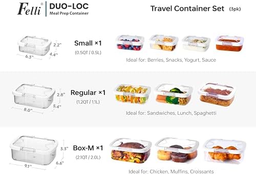 Felli Duo Loc Tritan Meal Prep Containers Microwave Safe BPA FREE, Leak Proof Lunchable Container for Leftovers Kitchen Fridge Freezer, Reusable Plastic On the Go Lunch Travel Box (Beginner 3pk) - Image 3