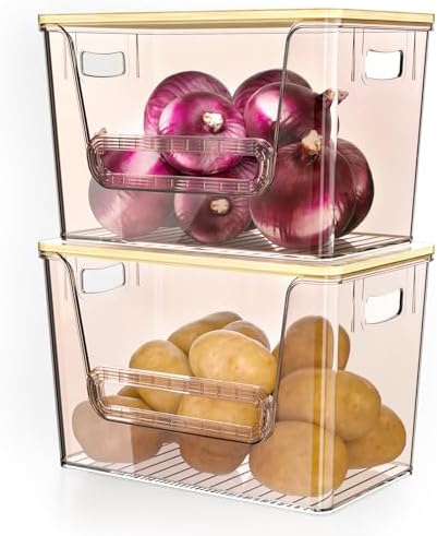 Delamu 2 Set Pantry Organizers and Storage,Trash Bag Dispenser with Bamboo Top,Stackable Trash Bag Dispenser Under Sink Organizer for 4-30 GalBags,Onion,Potato,Fruits,Amber(11-7/32"L*7" W*7-1/8"H) by DELAMU
