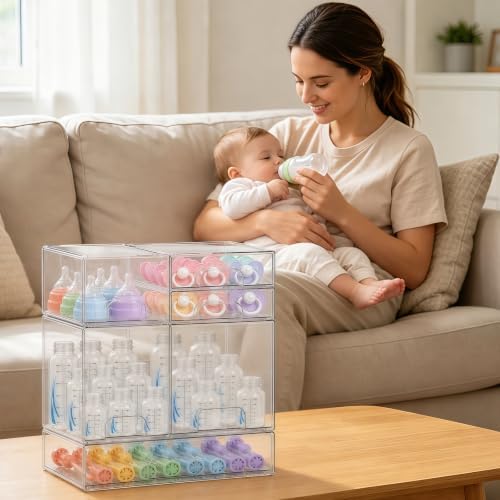 Baby Bottle Organizer 6 Pack Baby Bottle Storage Organizer Clear Bottles Station Acrylic Stackable Container Drawers Bins for Pacifiers,Nipples,Pump Parts for Countertop,Cabinet,Bathroom,Vanity - Image 7