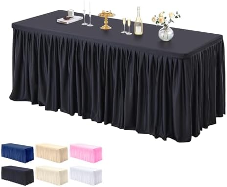 PARTISKY 1 Pack Black Tablecloths for Rectangle Tables 6ft, Wrinkle Resistant Black Table Cover Fitted Stretch Table Cloth with Pleated Ruffle Skirts for Party Banquet Dining Birthday Wedding by Partisky