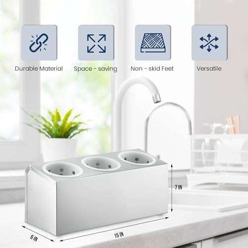 OCS Parts 3-Compartment Silverware Display Holder | White Cylinders | Stainless Steel Kitchen Caddy Utensil Holder with Perforated Cylinders for Home Kitchens, Restaurants, and Buffets - Image 2