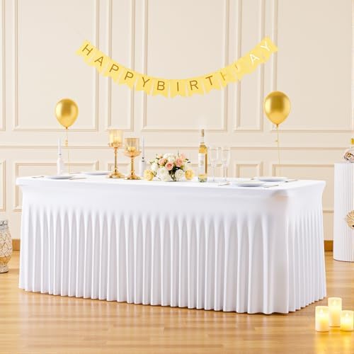 2 Pack 6ft White Spandex Tablecloths for Rectangle Tables Wrinkle Free White Rectangle Table Cloth, Stretch Fitted Table Cover with Skirt for Wedding Birthday Party Banquet Baby Shower Buffet Event - Image 2