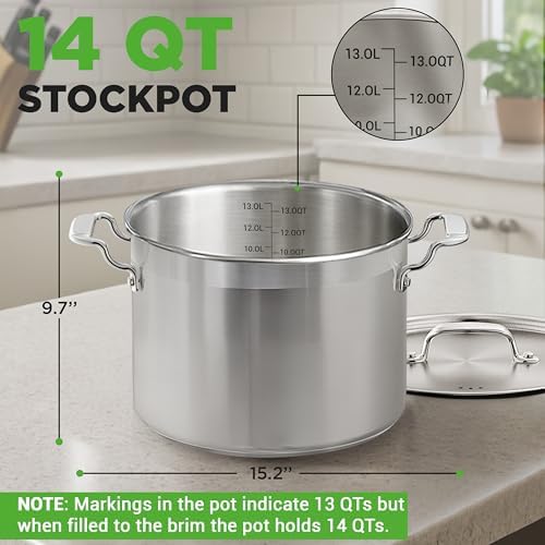 NutriChef 14 Quart Stock Pot with Lid - Heavy Duty Stainless Steel, Induction Ready, Ergonomic Handles - Image 2