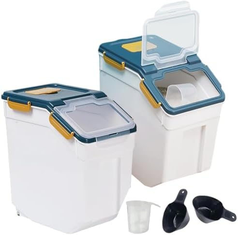 Large Flour Storage Container Bin 25lb, 2Pack Airtight Rice Storage Containers with Measuring Cup&Scoop, BPA Free with Wheels Seal Locking Lid for Flour, Rice, Grain (50LBS Total, Blue) by MCMEICHUANG