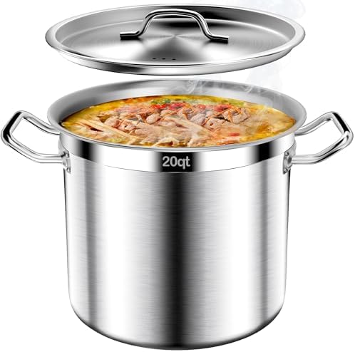 Stock Pot-20QT Stainless Steel Stockpot with Lid, Heavy Duty Tri-Ply Bottom Commercial Grade Large Stock Pot & Stockpots for Boiling Cooking Soup Stew Canning Cooking Pots,Big Stockpot, Deep Cookware by AUFETQ