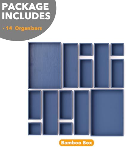 SpaceAid 14-Piece Bamboo Drawer Organizer Storage Boxes Set, Wood Tray Junk Drawer Organizers Multi-Use Divider Bins for Kitchen, Bathroom, Office Desk and Makeup Organization (14 Pack, Navy Blue) - Image 6