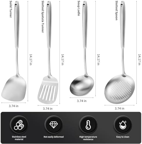15" Wok Spatula and Ladle,Skimmer Spoon, Slotted Turner Spatula,304 Stainlss Steel Matte Kitchen Utensils Set,4PCS Wok Accessories,Cooking Utensils Tools - Image 2