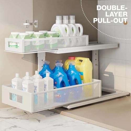 2 Pack 18.5IN-Depth Under Sink Organizer With Next-Gen Ball-Bearing Slides,2-Tier Pull Out Cabinet Storage,Height Adjustable Drawer Shelf for Bathroom,Kitchen,Laundry,Cabinet,Pantry-White - Image 4
