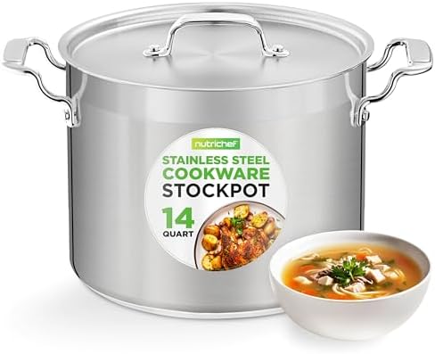 NutriChef Stainless Steel Cookware Stockpot - 14 Quart, Heavy Duty Induction Pot, Soup Pot with Stainless Steel Lid, Gas, Induction, Ceramic, Glass and Halogen Cooktops Compatible - NCSPT14Q by NutriChef%E2%84%A2Kitchen
