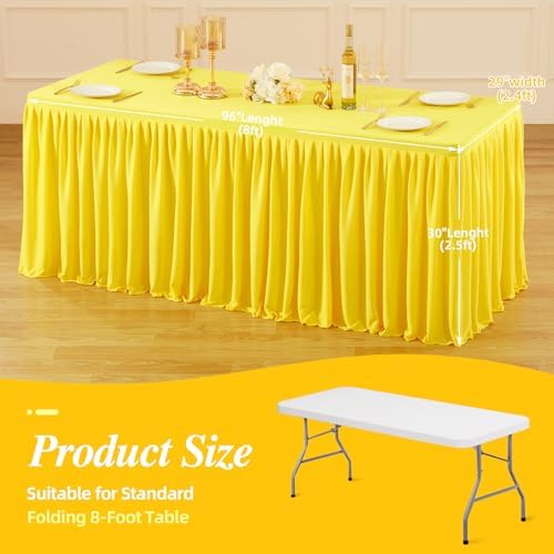 PARTISKY 2 Pack Yellow Tablecloths for Rectangle Tables 8ft, Wrinkle Resistant Spandex Table Cover Fitted Stretch Table Cloth with Pleated Ruffle Skirts for Party Banquet Dining Birthday Wedding - Image 3