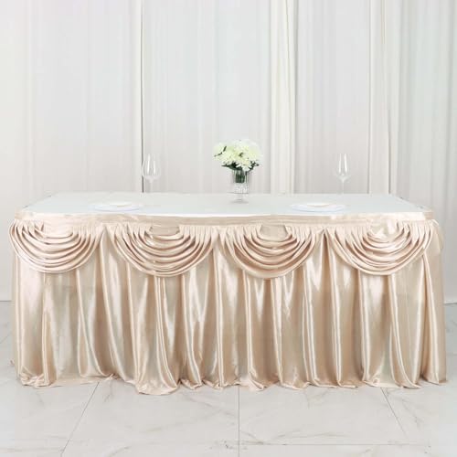 Efavormart Beige Satin Double Drape Table Skirt for Kitchen Dining Catering Wedding Birthday Party Decorations Events 14ft by efavormart