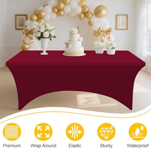 Smiry 2 Pack Spandex Table Cloth 6FT, Elastic Fitted Wine Red Tablecloth - Image 3