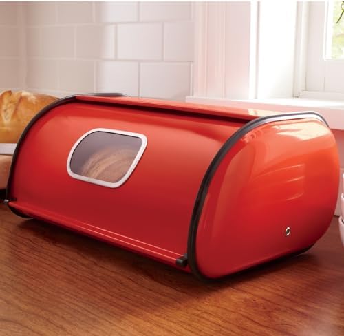 Montgomery Ward Window Breadbox for Kitchen Countertop, Red | Countertop bread box with clear viewing window, rear air vents, and durable metal construction bread and baked goods storage by MontgomeryWard