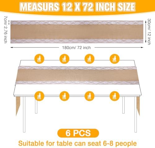 Tatuo 6 Pcs Burlap Table Runners with Lace 12 X 72 Rustic Jute,Lovely - Image 2