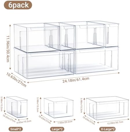Clear Plastic Storage Bins with Dividers for Fridge Pantry Organizers and Storage Containers, 6 Pack Large Acrylic Stackable Sturdy Storage Boxes for Home Edit and Cabinet Organizers C6-4 - Image 2
