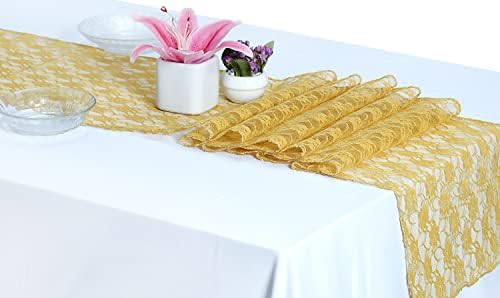 MDS Pack of 25 Wedding 12 x 108 inches Lace Table Runner for Wedding, Decorations for Birthday Parties, Banquets, Graduations, Engagements, and Runners fit Rectangle, Round Table- Gold by MDS