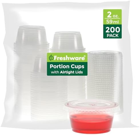 Freshware Plastic Portion Cups with Lids [2 Ounce, 200 Sets] Disposable Plastic Cups for Meal Prep, Salad Dressing, Jellos Shot Cups, Souffle Cups, Condiment and Dipping Sauce Cups by Freshware