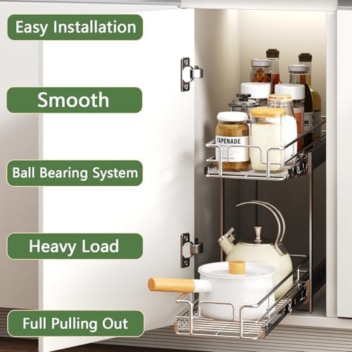 2 Tier Individual Pull Out Cabinet Organizer 7½" W x 21½" D, Heavy Duty Cabinet Pull Out Shelves, Slide Out Drawers Organization for Kitchen Cabinets Bathroom - Image 2