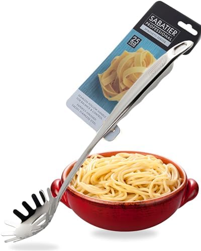 Sabatier Professional Large Metal Spaghetti Server Ladle - Mirror Polished Stainless Steel Fork Spoon to Measure, Drain & Serve Pasta. Strong Construction. 5 Year Guarantee, Dishwasher Safe by Taylors+Eye+Witness