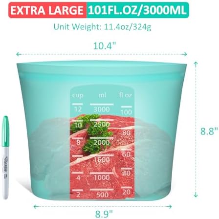Reusable Food Storage Bags Extra Large, 0.8 Gallon/101 fl.oz/3000 ml, 4 Pack 100% Silicone Food Storage Bags Stand-Up Wide-Mouth Zip-Lock for Large Items, Freezer Microwave Oven Dishwasher Safe, Aqua - Image 3