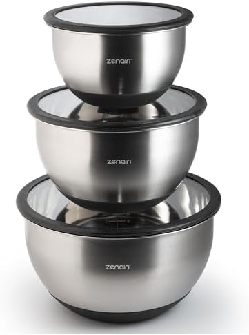 Premium Quality Stainless Steel Mixing Bowls with Lids, 3-Piece Set, Dishwasher-Safe Clear Glass Lids, No Plastics by Unknown