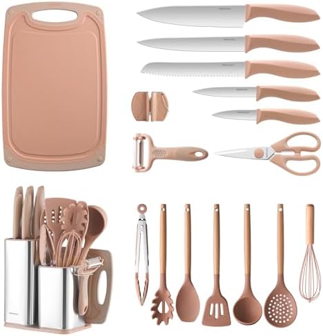 RAXCO Utensil Sets,18-Piece Silicone Cooking Utensils and Knife Set,Mousse | Dishwasher-Safe Kitchen Utensils,Large Capacity Countertop Organizer for Knives,Utensils,Cutting Board by RAXCO