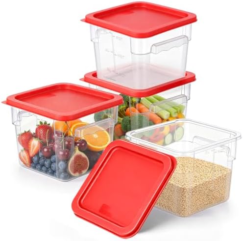 4Pack - 6QT Food Storage Containers with Lids & Handles, Polycarbonate Clear Airtight Food Container with Scale Marks for Bread Proofing, Flour, Commercial Grade, Restaurant & Kitchen, Square, Red by FIRMDKWEED