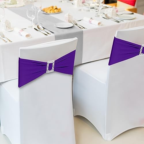Joccun 60 PCS Spandex Chair Sashes Bows Stretch Chair Cover Band with Buckle Slider Universal Elastic Chair Ties for Wedding Banquet Party Event Decoration (Purple) - Image 6