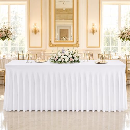 5 Pack White Stretch Spandex Tablecloths, 6ft Fitted Rectangle Table Cover with Skirt, Wrinkle Free Polyester Table Cloth for Wedding, Party, Banquet, Baby Shower, Christmas - Image 4