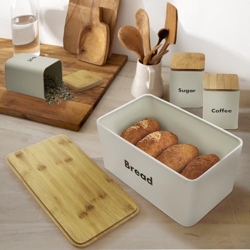 Plexon Bread Box for Kitchen Countertop with 3 Coffee Tea Sugar Canisters, Metal 4-Piece Bread Box Set with Bamboo Cutting Board Lid, Beige - Image 5