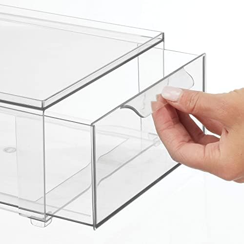 mDesign Plastic Stackable Bathroom Storage Organizer Bin Containers with Front Pull Drawer for Bathroom Countertop, Vanity, Closet Shelves - Holder for Accessories, Lumiere Collection, Set of 3, Clear - Image 5
