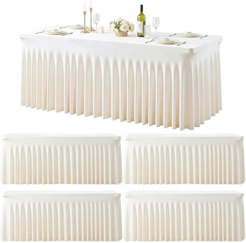4 Pack 6ft Ivory Spandex Table Cloths for Rectangle Tables Wrinkle Free Ivory Rectangle Tablecloths Stretch Fitted Table Cover with Skirt for Wedding Birthday Party Banquet Baby Shower Buffet Event by Suppromo