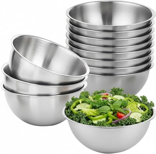 12 Pcs Stainless Steel Mixing Bowls with Graduations, Metal Serving Salad Bowls, Reusable Baking Food Storage Containers for Baking, Cooking, Making Salads, Soups, Ice Cream, Noodles, cereal by BSTUR