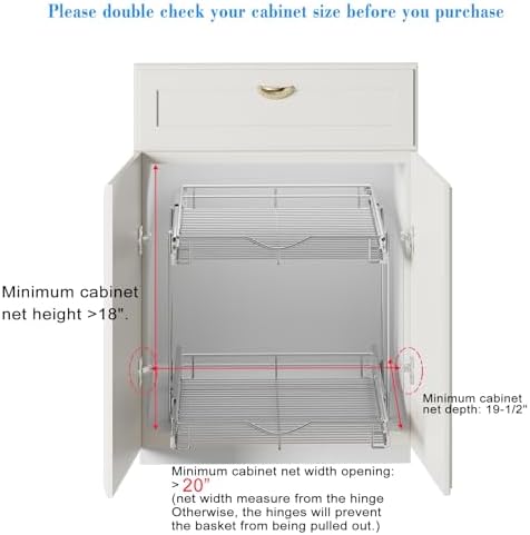 DINDON 2 Tier Pull Out Cabinet Organizer (20" W X 18" D), Double Tier Wire Basket Slide Out Shelf Storage for Kitchen Base Cabinet Organization ​for Kitchen, Pantry, Bathroom, Chrome - Image 4