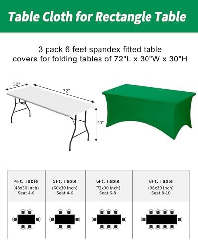 Fixwal 3 Pack 6FT Green Tablecloth Rectangle Spandex Fitted Table Cover - Image 3