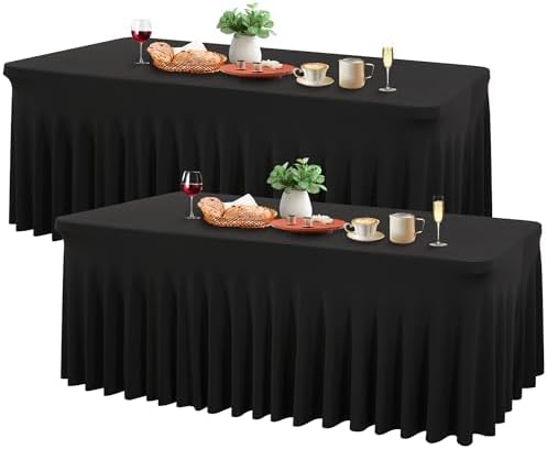 Wish Care 2 Pack Black Spandex Table Cloths for Rectangle Tables 8ft - One-Piece Wrinkle Free Fitted Table Cover 8 Foot Stretch Tablecloths for Party, Banquet, Wedding and Events by WishCare