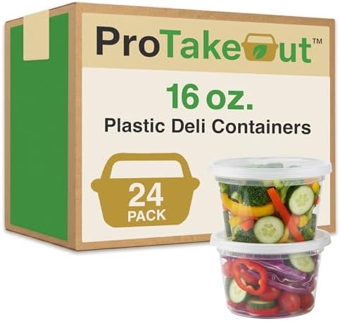 Reusable Plastic BPA-Free Food Storage Deli Container Leak‑Proof | 16oz, 24 set, Heavy Duty, Microwave, Freezer & Dishwasher Safe, Stackable by ProTakeOut
