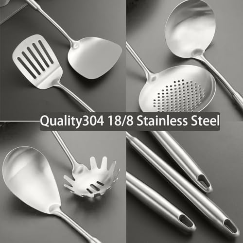 10 PCS Stainless Steel Kitchen Utensil Set Cooking Utensils, Potato Masher Solid Spoon Slotted Spoon Fork Spatula Ladle Skimmer Spoon Slotted Spatula Tunner Spaghetti Spoon Large Spoon - Image 3