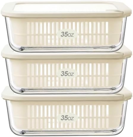 Urban Green Glass Food Storage Containers with Glass Lids, Microwave Safe Food Container Set, Aitight Meal Prep Container Set, BPA Free, 3 extra Colanders, LeakProof, 3 Pack of 35oz by LiveaLifeEasierandGreener