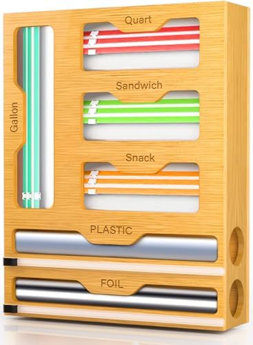 KOCWELL Bag Organizer and Plastic Wrap Dispenser with Cutter, 6 In 1 Bamboo Foil and Plastic Wrap Organizer for Kitchen Drawer, Food Storage Bag Organizer for Gallon,Quart,Sandwich,Snack(Yellow) by KOCWELL