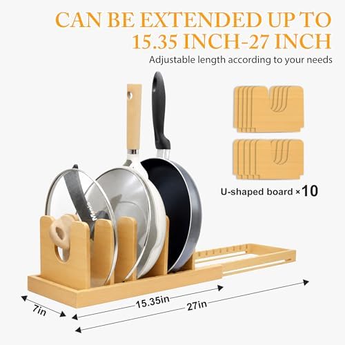 MinBoo Bamboo Expandable Pot Lid Organizer, Pot and Pan Organizer Drawer Organizer for Pot Lids, Adjustable 10 U-Shaped Dividers for Kitchen Cabinet Organizers and Storage (Bamboo-1) - Image 3