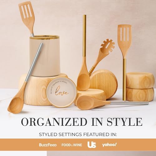 STYLED SETTINGS Beige Utensil holder, Beige & Gold | Ceramic, Cooking Utensil Storage & Gold Spoon Rest, Kitchen Organization & Farmhouse Décor - Image 5